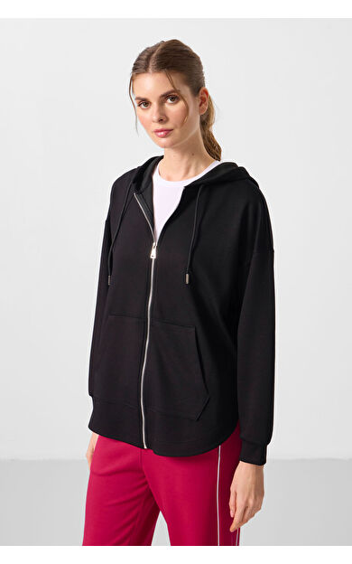 TommyLife Siyah Yumuşak Dokulu Kapüşonlu Oversize Kadın Tunik Sweatshirt - 97302