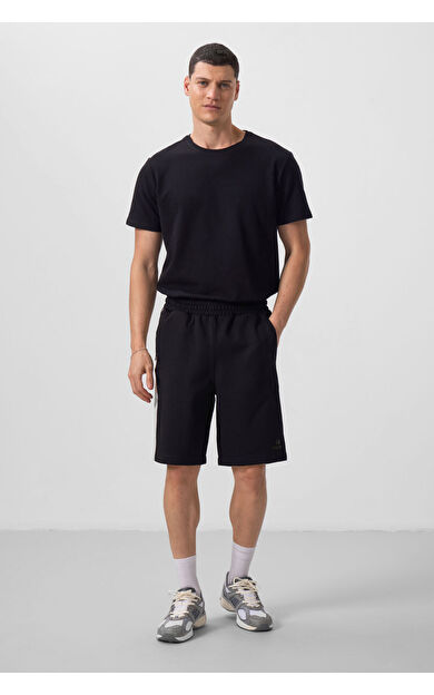 Siyah-Bej Yüzeyi Dokulu Oversize Erkek Şort - 81288