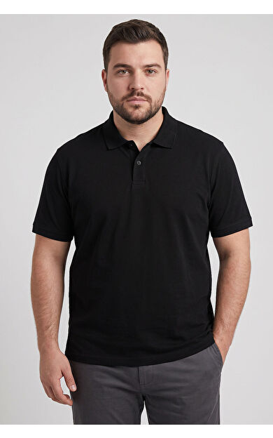 Siyah Polo Yaka Büyük Beden Battal Erkek T-Shirt - 88511