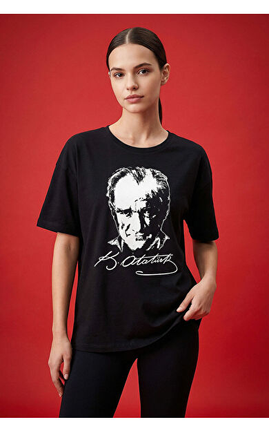 Siyah Ay Yıldız Baskılı Unisex T-Shirt - 88510