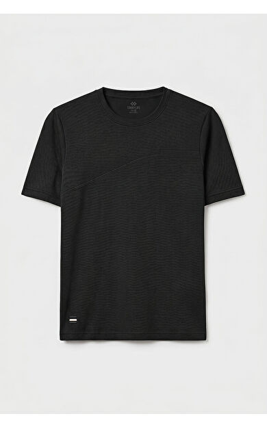 YENİ Siyah Rahat Form Yüzeyi Dokulu Ön Dikiş Detaylı Erkek T-Shirt - 88437