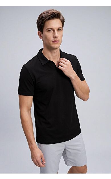 Siyah Rahat Form Yumuşak Dokulu Polo Yaka Erkek T-Shirt - 88496