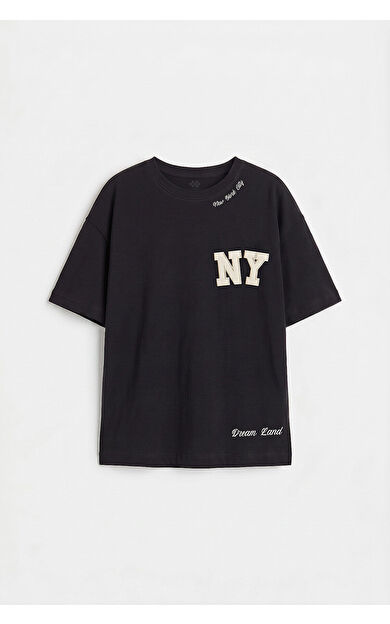YENİ Siyah Oversize Kısa Kollu Baskılı Kız Çocuk T-Shirt - 75174
