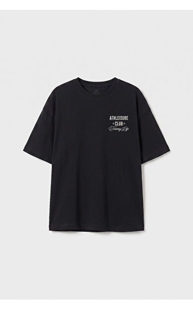 YENİ Siyah Oversize Kısa Kollu Baskılı Kız Çocuk T-Shirt - 75175