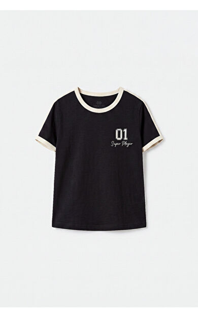 YENİ Siyah Omuz Biye Detaylı Baskılı Kız Çocuk T-Shirt - 75181