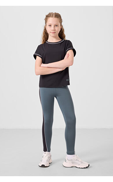 Siyah-Orman Yeşili O Yaka Yan Şerit Detaylı Standart Fit Performans Kız Çocuk Tayt Takım - 75191