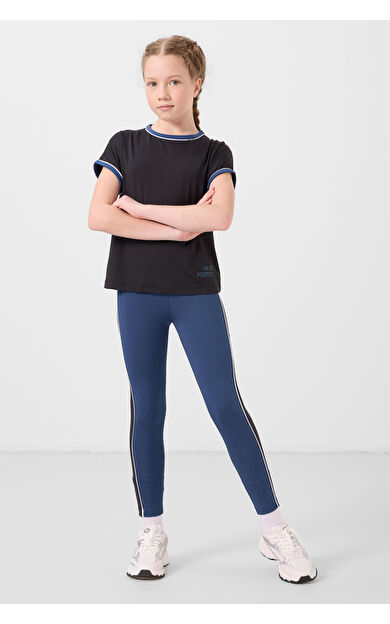 Siyah-Parlament O Yaka Yan Şerit Detaylı Standart Fit Performans Kız Çocuk Tayt Takım - 75191