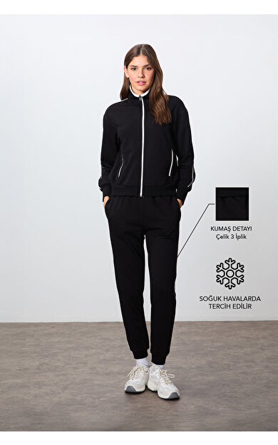 Siyah Kompakt Pamuklu Kalın Pürüzsüz Dokulu Dik Yaka Oversize Fit Kadın Eşofman Takım - 95340