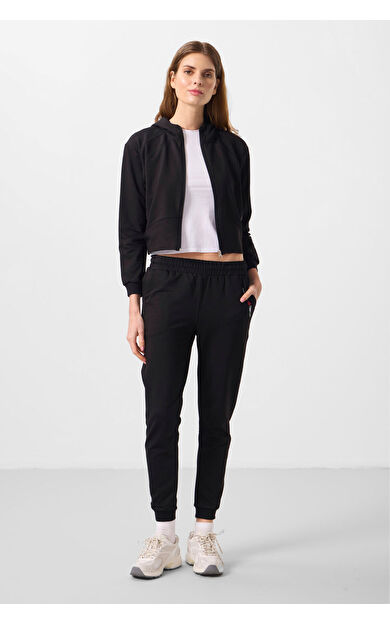 Siyah Kapüşonlu Fermuarlı Oversize Kadın Eşofman Takım - 95328