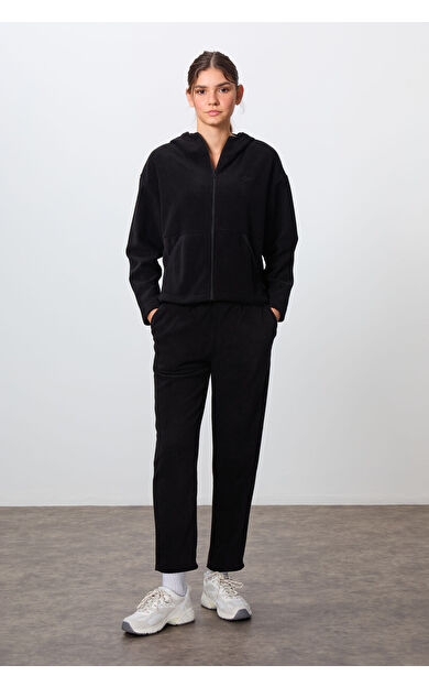 Siyah Kalın Yumuşak Dokulu Kapüşonlu Oversize Nakışlı Polar Kadın Eşofman Takım -95338