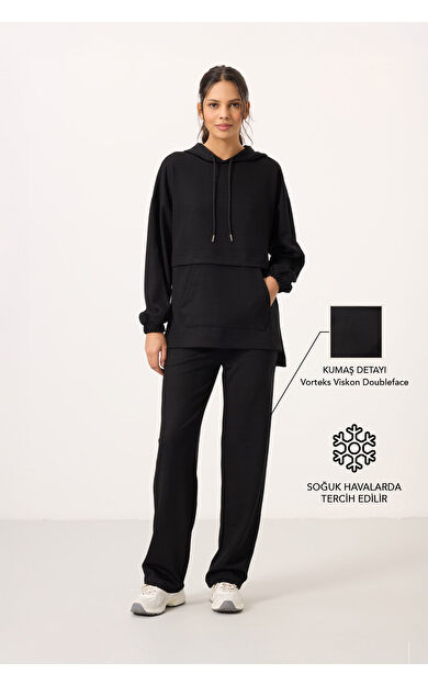 Siyah Yumuşak Dokulu Kapüşonlu Oversize Kadın Eşofman Tunik Takım - 95348
