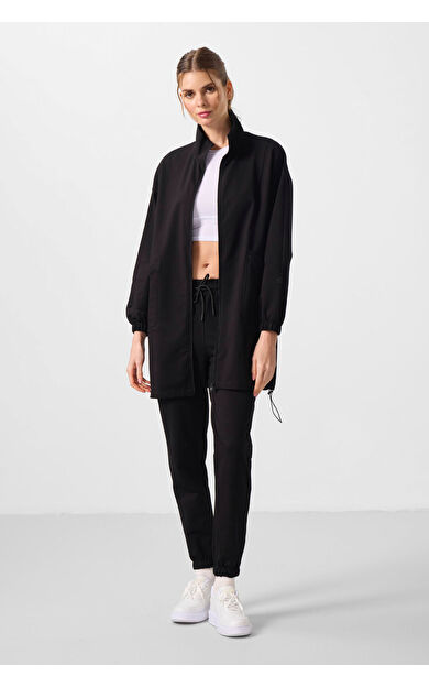 Siyah Dik Yaka Fermuarlı Rahat Form Kadın Eşofman Tunik Takım - 95345