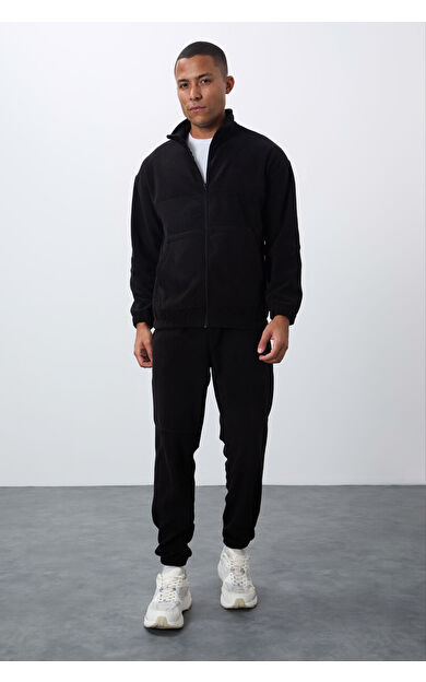 Siyah Kalın Yumuşak Dokulu Comfort Fit Nakışlı Erkek Eşofman Takım - 85269