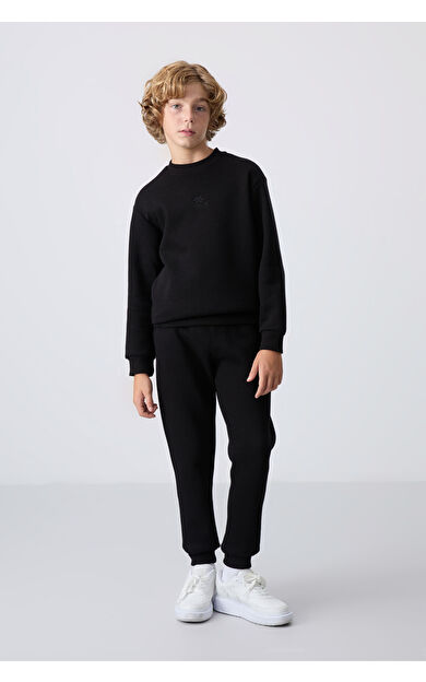 Siyah Pamuklu Kalın İçi Tüylü Yumuşak Dokulu Standart Fit Nakışlı Erkek Çocuk Eşofman Takım - 11249