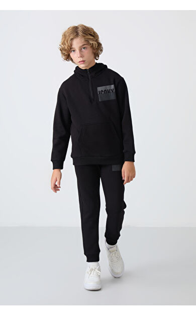 Siyah Pamuklu Kalın İçi Tüylü Yumuşak Dokulu Standart Fit Baskılı Erkek Çocuk Eşofman Takım - 11246