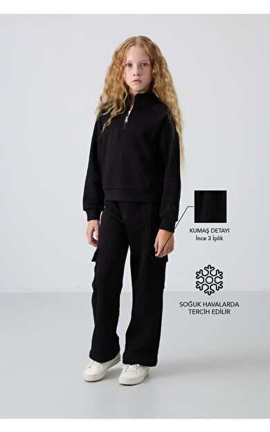 Siyah Pamuklu İçi Tüylü Yumuşak Dokulu Standart Fit Nakışlı Kız Çocuk Eşofman Takım - 75159
