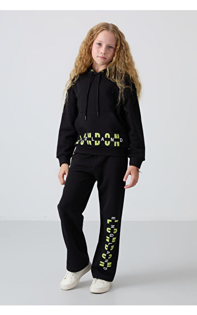 Siyah Pamuklu İçi Tüylü Yumuşak Dokulu Oversize Baskılı Kız Çocuk Eşofman Takım - 75147