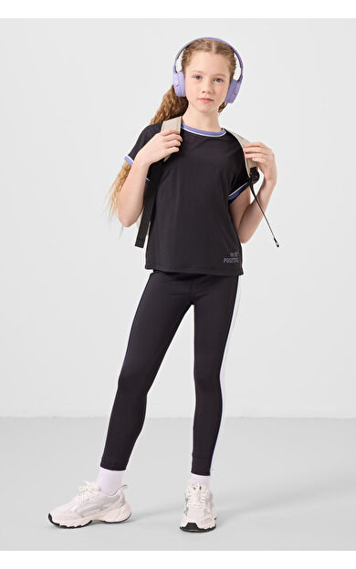 Siyah O Yaka Yan Şerit Detaylı Standart Fit Performans Kız Çocuk Tayt Takım - 75191