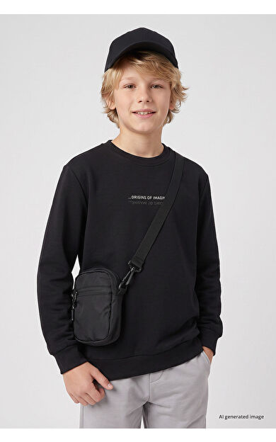 YENİ Siyah Standart Fit Baskılı O Yaka Erkek Çocuk Sweatshirt - 11322