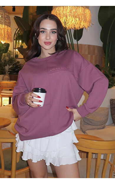 Soft Vişne Kompakt Pamuklu Kalın Pürüzsüz Dokulu O Yaka Oversize Fit Kadın Sweatshirt - 97288