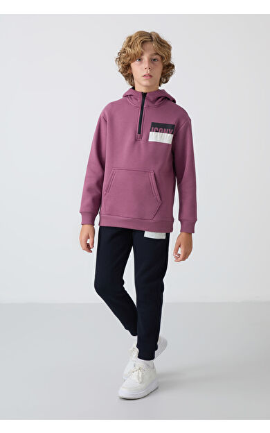 Soft Vişne-Lacivert Pamuklu Kalın İçi Tüylü Standart Fit Baskılı Erkek Çocuk Eşofman Takım - 11246