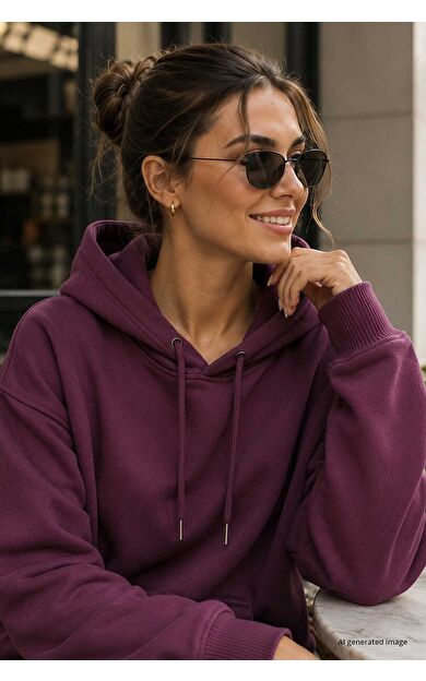 Yeni Soft Vişne Standart Kapüşonlu Kanguru Cepli Basic Kadın Sweatshirt - 97321