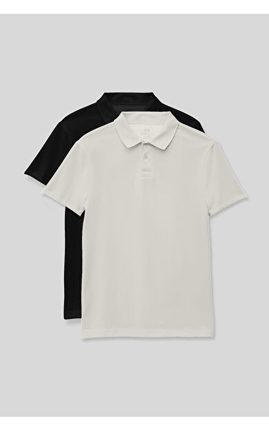 Standart Fit Basic Polo Yaka 2li Paket Siyah-Ekru Unisex Çocuk T-Shirt - 11330