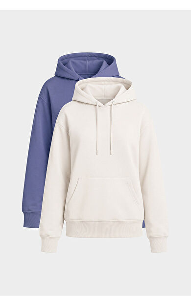 Yeni Standart Kapüşonlu 2li Paket Ekru-Eflatun Kadın Sweatshirt - 97321