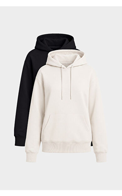 Yeni Standart Kapüşonlu 2li Paket Siyah-Ekru Kadın Sweatshirt - 97321