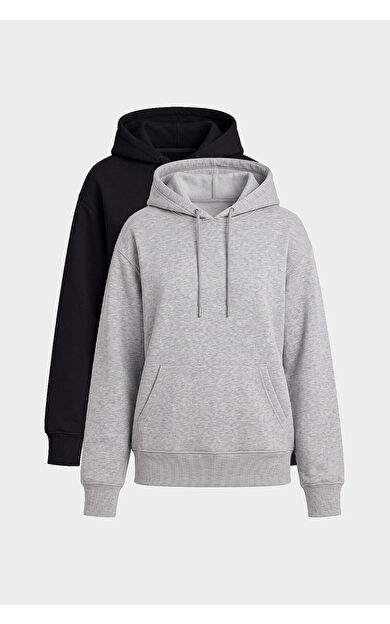 Yeni Standart Kapüşonlu 2li Paket Siyah-Gri Melanj Kadın Sweatshirt - 97321
