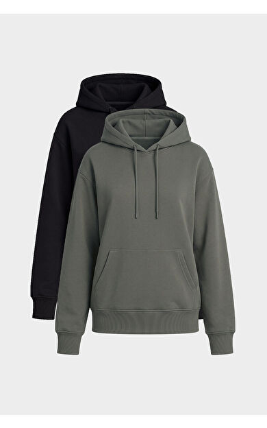 Yeni Standart Kapüşonlu 2li Paket Siyah-Haki Kadın Sweatshirt - 97321