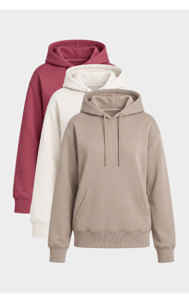 Yeni Standart Kapüşonlu 3lü Paket Ekru-Yaban Gülü-Koyu Bej Kadın Sweatshirt - 97321