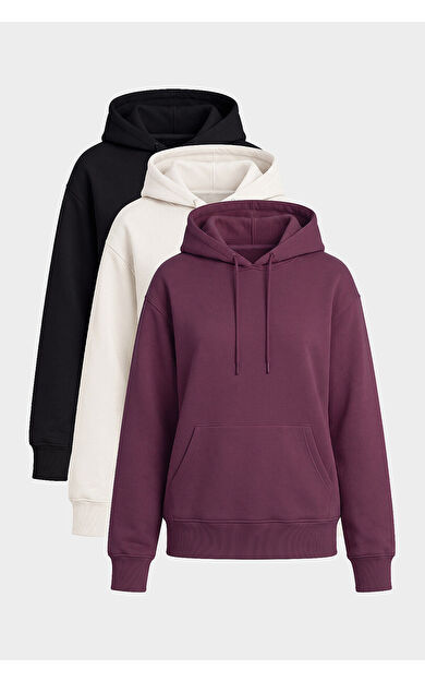 Yeni Standart Kapüşonlu 3lü Paket Siyah-Ekru-Soft Vişne Kadın Sweatshirt - 97321