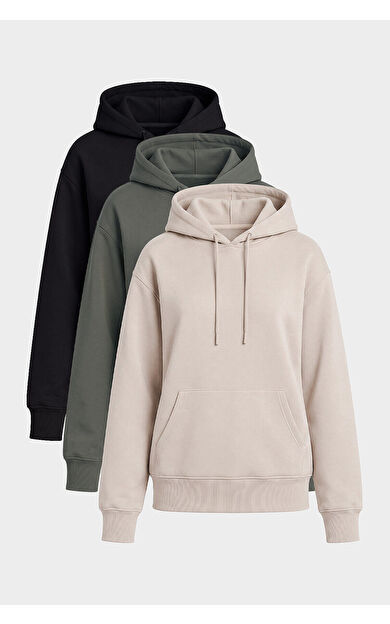 Yeni Standart Kapüşonlu 3lü Paket Siyah-Haki-Bej Kadın Sweatshirt - 97321