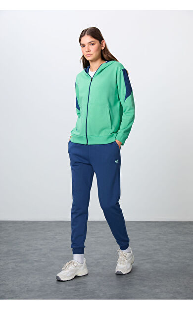 Su Yeşili-Parlament Pamuklu Kalın Kapüşonlu Oversize Fit Kadın Eşofman Takım - 95343