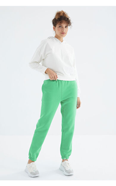 Su Yeşili Yüksek Bel Şardonlu 3 İplik Pamuklu Basic Kadın Eşofman Altı - 94624