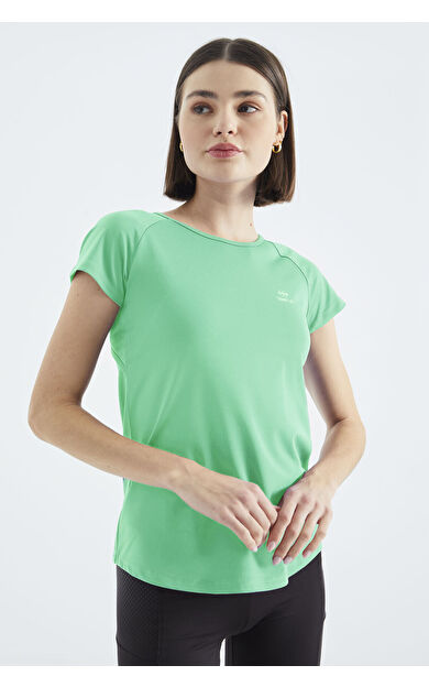 Su Yeşili Sırt Pencereli Kısa Kol Standart Kalıp O Yaka Kadın T-Shirt - 97101