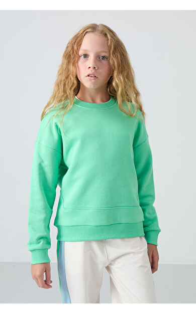 Su Yeşil Pamuklu İçi Tüylü Yumuşak Dokulu Oversize Nakışlı Kız Çocuk Sweatshirt - 75150