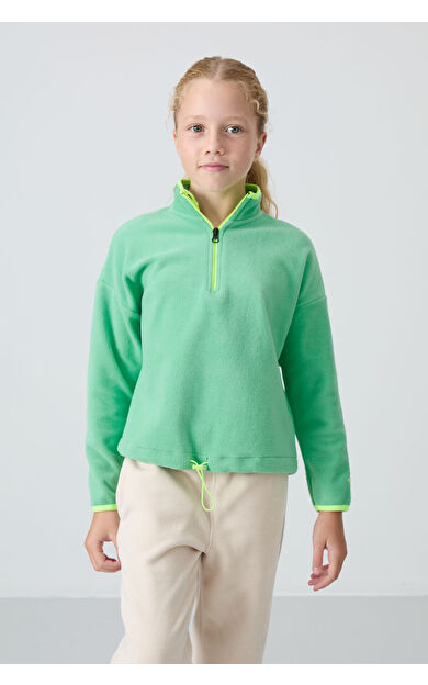 Su Yeşil Kalın Yumuşak Dokulu Standart Fit Nakışlı Polar Kız Çocuk Sweatshirt - 75151