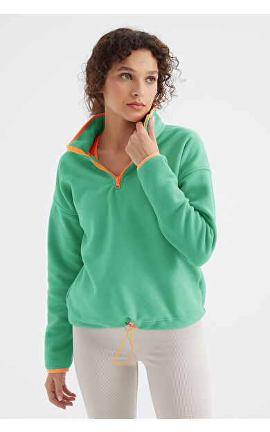 Su Yeşili Yarım Fermuar Etek Ucu Büzgülü Dik Yaka Standart Kalıp Kadın Polar Sweatshirt - 97234