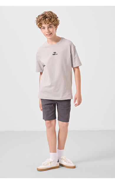 Taş-Antrasit Pamuklu Oversize Fit Dokuma Hafif Esnek Chino Erkek Çocuk Şort Takım - 11276