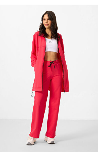 Viva Kırmızı Dik Yaka Fermuarlı Pamuklu Kadın Eşofman Tunik Takım - 95346