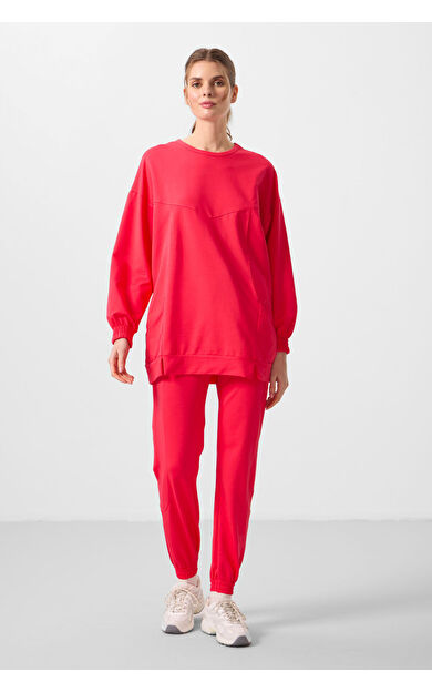 Viva Kırmızı O Yaka Basic Oversize Kadın Eşofman Tunik Takım - 95347