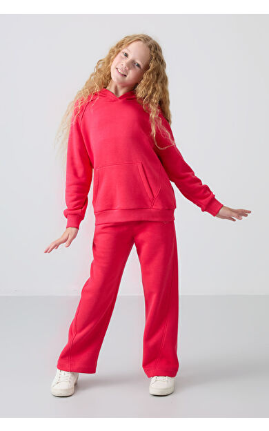 Viva Kırmızı Pamuklu İçi Tüylü Yumuşak Dokulu Standart Fit Nakışlı Kız Çocuk Eşofman Takım - 75162
