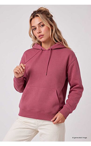 Yeni Yaban Gülü Standart Kapüşonlu Kanguru Cepli Basic Kadın Sweatshirt - 97321
