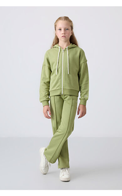 Yağ Yeşil Pamuklu İçi Tüylü Yumuşak Dokulu Standart Fit Nakışlı Kız Çocuk Eşofman Takım - 75161