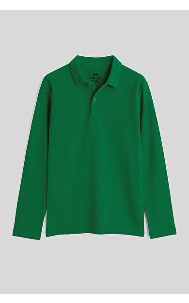 TommyLife Yeşil Polo Yaka Basic Uzun Kollu Unisex Çocuk T-Shirt - 11170