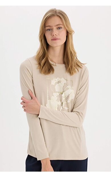 Regular Fit Bisiklet Yaka Baskılı Uzun Kollu Tişört