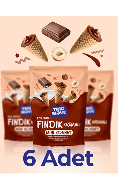TrioMove Mini Kornet - Kakaolu Fındık Kremalı, Sütlü Çikolatalı (6 PAKET) 