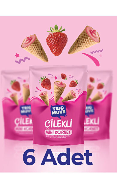 TrioMove Mini Kornet - Çilekli Krema, Çilekli Çikolatalı (6 PAKET) 
